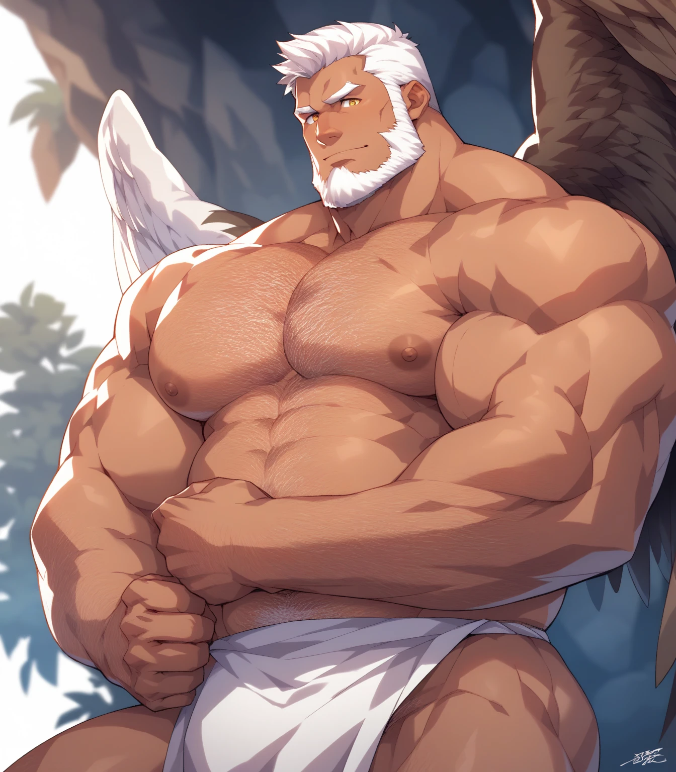 male, (old man, maduro) (naked) muscular, prominent pectorals, big muscles, big male thighs, male nipples, long hair with gray, long beard with gray hair, hairy body, gray hair, detailed, ojos detaileds, blue eyes, detailed face, realist, big penis, anatomically correct, blushing with an expression of effort clenching his teeth, lying with his legs open stretching them in the air showing his pink anus, ejaculating from his penis, background of a forest