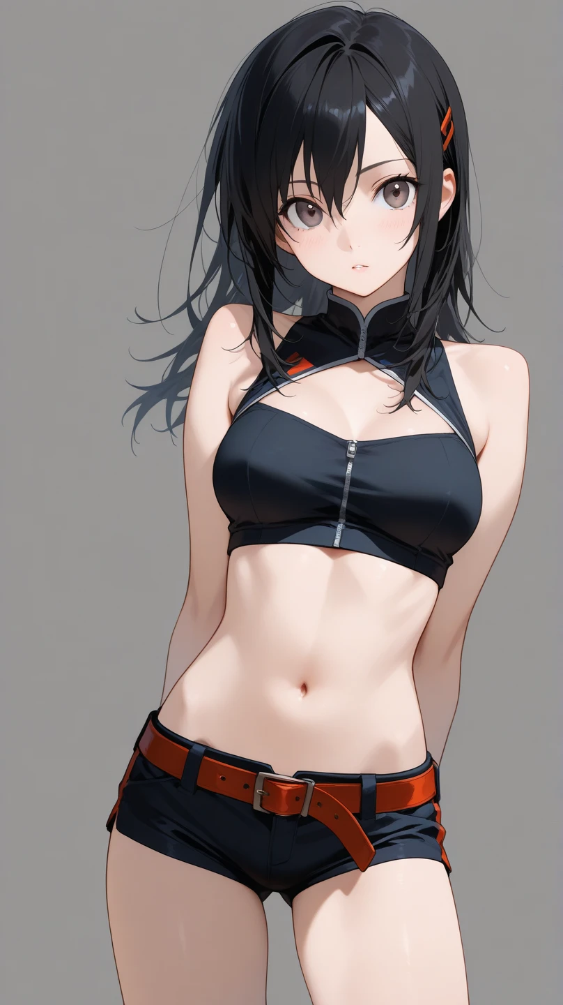 solo, 1girl, (masterpiece), ((14 year old appearance)), mohalk punk hair, small breasts, yellow eyes, ((detailed eyes)), (athletic body), (simple black cropped), (simple sexy micro black top with red details), looking at the screen, orange lipstick, visible abs, (high-cut micro thongkini), navel, (collarbone), (cyberpunk scenery background)