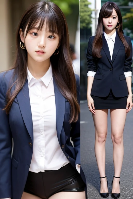 the prettiest face of a 17 year old actress, perfect proportions of female body, blazer is worn on shirt, female crotch between bare legs, in the city, standing, nsfw, best quality, highly detailed, masterpiece, ultra high res, photo realistic, 8k