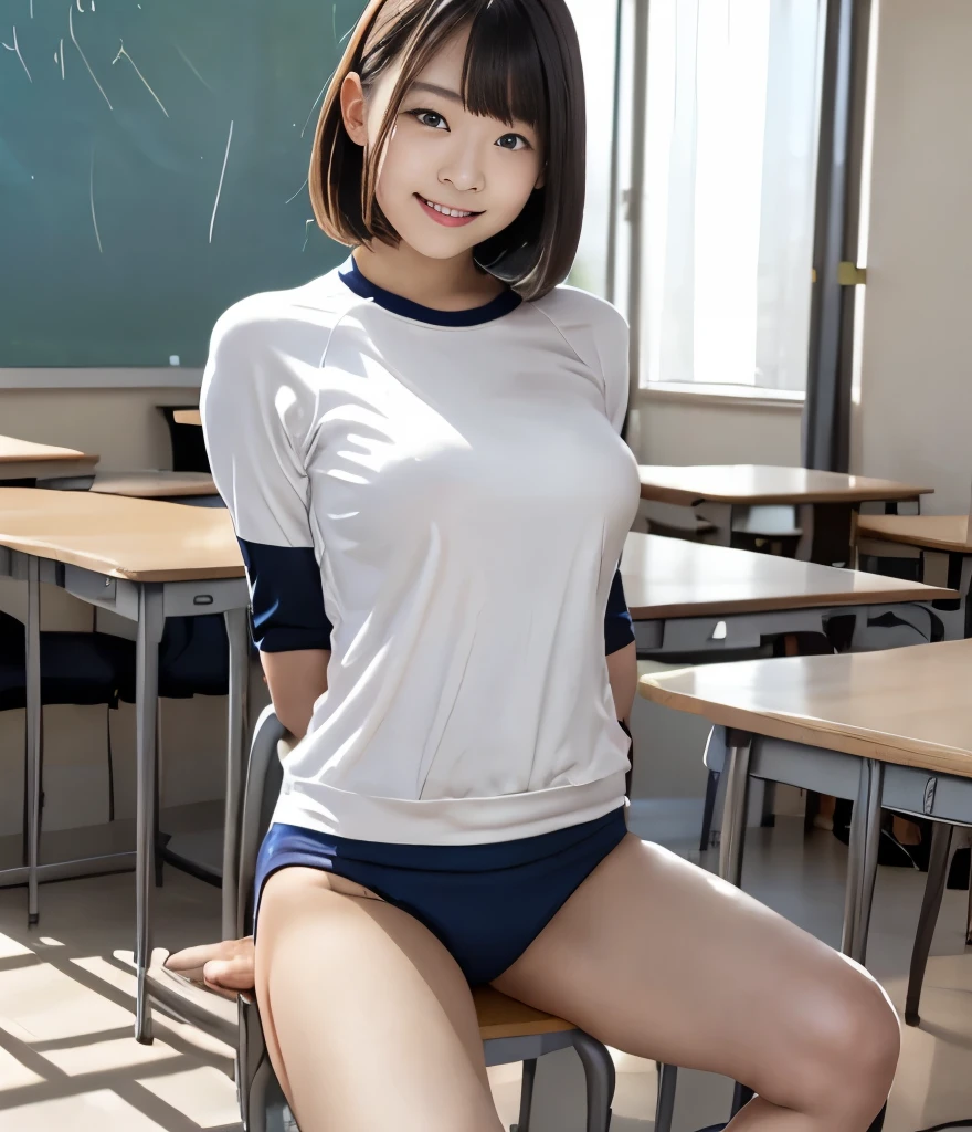 ((NSFW))、((NSFW))、Sitting in the middle of the classroom、Spread your legs wide、(Mekosuji)、cute、high school girl、Baby Face、((White tank top))、((No bra))、((Navy blue bloomers))、((Very tight little bloomers))、Unbalanced underwear、Small underwear、Big and voluptuous breasts、When I pulled the bra straps、slender、big breasts thin waist、Very Short Hair、Esbian all over、highest quality、8k、No makeup、masterpiece、Ultra-high resolution、Photorealistic、smile、Dimples、Shooting from below