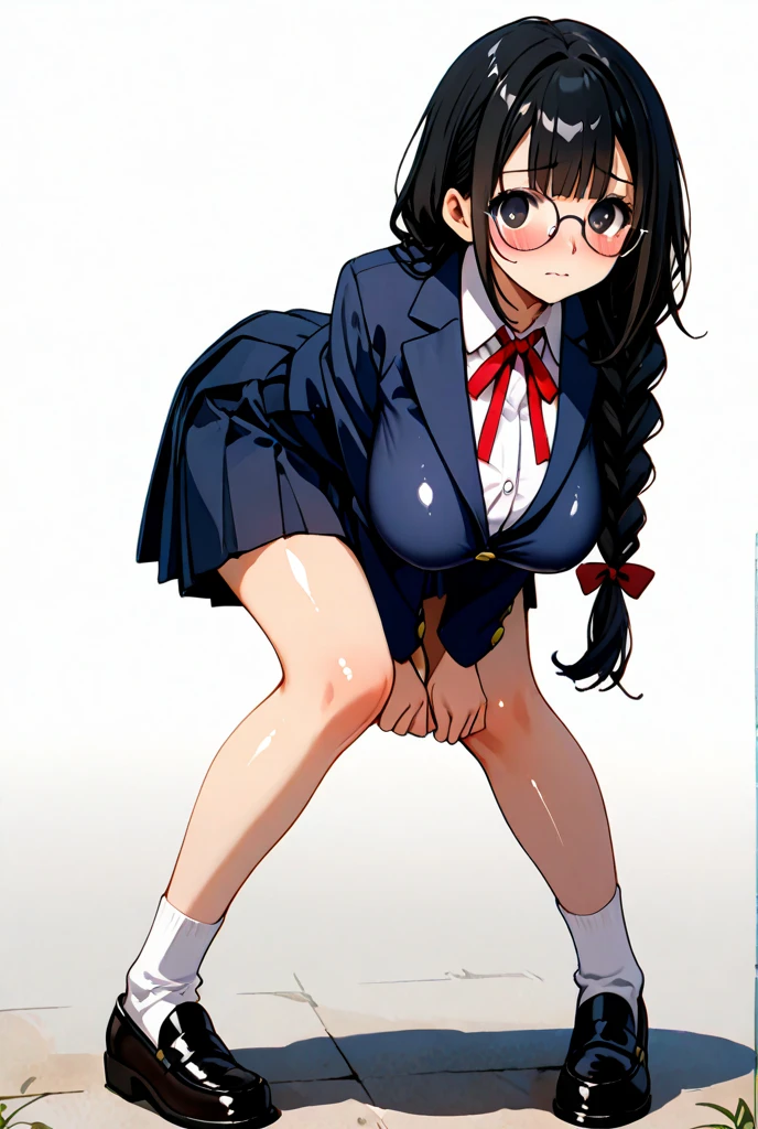 1990s anime cels style, 1990s manga style, best quality, high resolution, official art, 1girl, (huge breasts:1.2), school uniform, skirt, school, blush, embarrassed, looking down, closed mouth, sitting, chair, thigh, from below, hanekawa tsubasa, long hair, black hair, hair ornament, (purple eyes:1.1), braid, hairclip, twin braids, glasses, white panties, spread legs