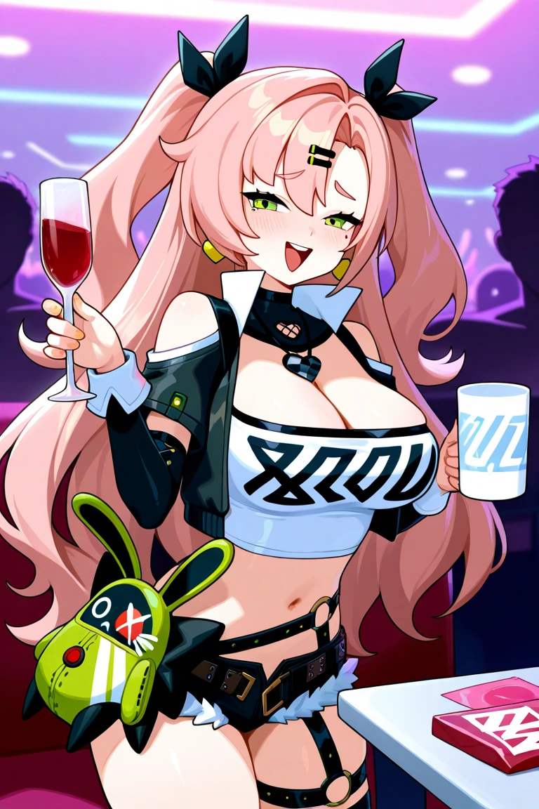 Curvy anime woman dancing at a nightclub in a latex tight dress. Curvy, big breasts, tight dress, thick thighs, stomach bump, confidence, beautiful. Dress is black, and goes to her mid thighs, making a small crease in her thighs, the neckline dips low to show under, and the sleeves are spaghetti strap. The background is detailed, you can not see other characters but the room is dark except for some bright colored lights reflecting onto the latex.