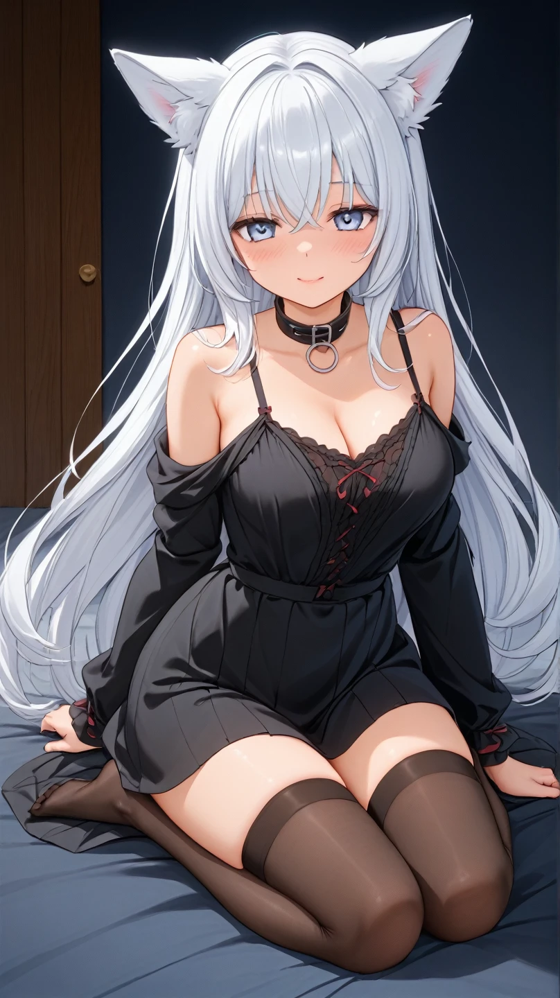 (1girl), red eyes, mature, mole onder eye,white hair, pigtails, long hair,, x ornament, big lips, pretty lips, ((gyaru)), gyaru hairstyle,sexy pose, cowboy pose, babydoll dress, holding , big