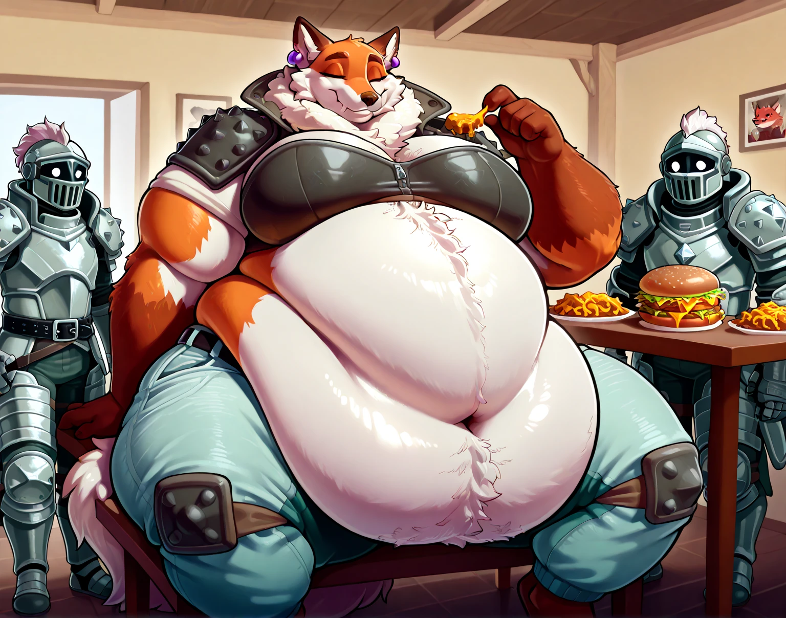 a (group:1.3) of (morbidly obese) female (kobold), (wolf), (cat), (sitting on chair), (happy), (eating food:1.2), (stuffing:1.1), (holding food:1.2), (feeding:1.5), (table:1.1), (spacecraft:1.2), computer, (futuristic), (science fiction), (cyberpunk:1.1), (pirate), (spacesuit), (power armor), (cybernetics), hat, boots, belt, (sleeves:1.3), (fully clothed), (straining buttons), (tight clothing), (scales:1.3), (detailed scales), (slit pupils:1.3), (detailed eyes:1.3), (big breasts), (cleavage cutout), (cleavage overflow:1.3), (breast squish), (belly squish), (belly overhang), (thick thighs), big butt, (tail ridge), (flabby arms:1.2), (fat fingers), (fat neck:1.1), (double chin), (chubby cheeks:1.3), absurd res, (full-length portrait), (shaded), by oouna, (by caraid), by yosioka-san, (weightchubby:0.6), (mood lighting:1.1), dim lighting, (tailwag:1.1)
