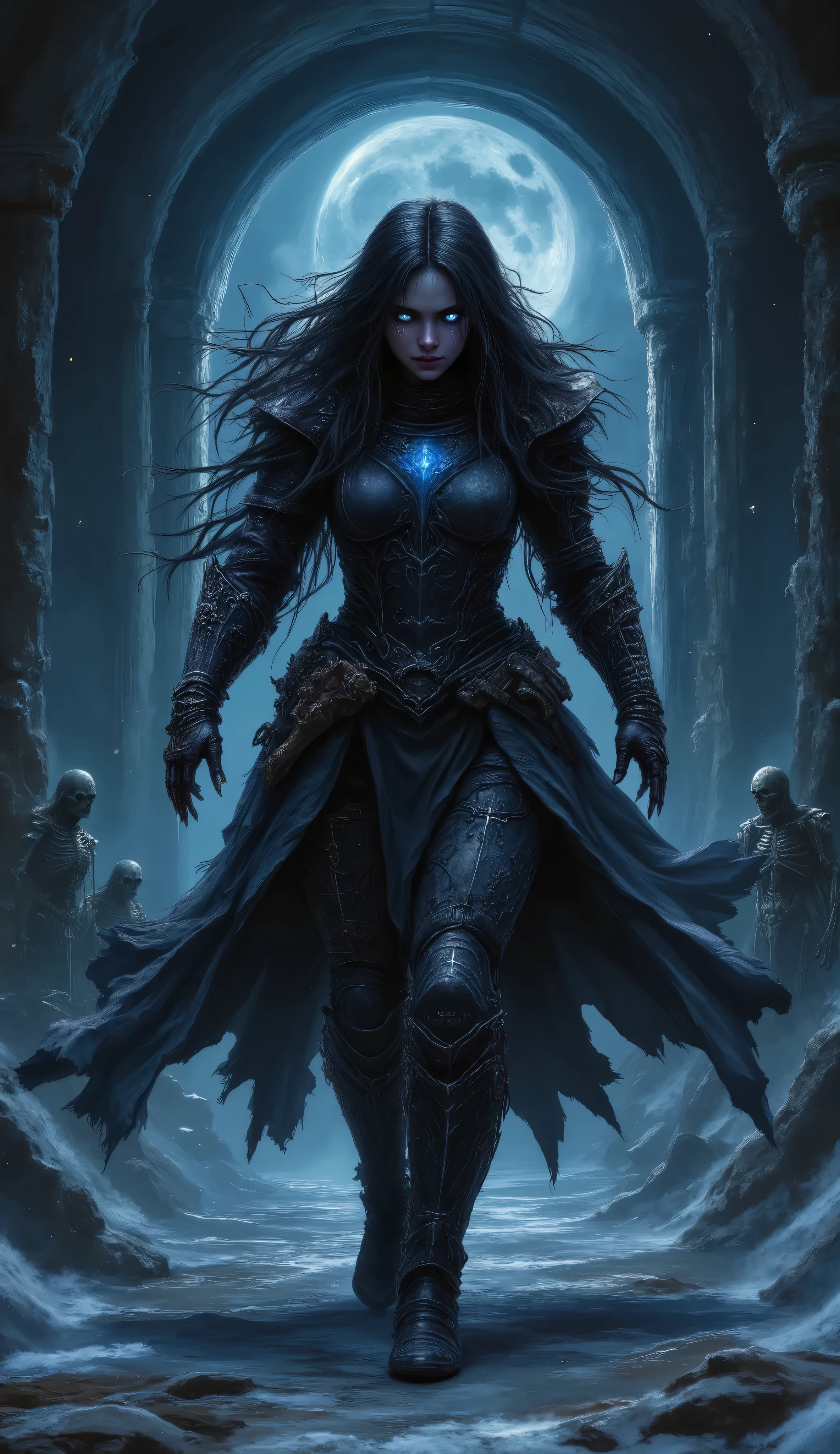 Cyberpunk, mechanical, broken, there is a picture of a very large iceberg, cyberpunk, mechanical, broken, with a lot of snow, dungeon background, icicle background, arena background, game background, dark dark cave background,a female warrior running,((smile:1))