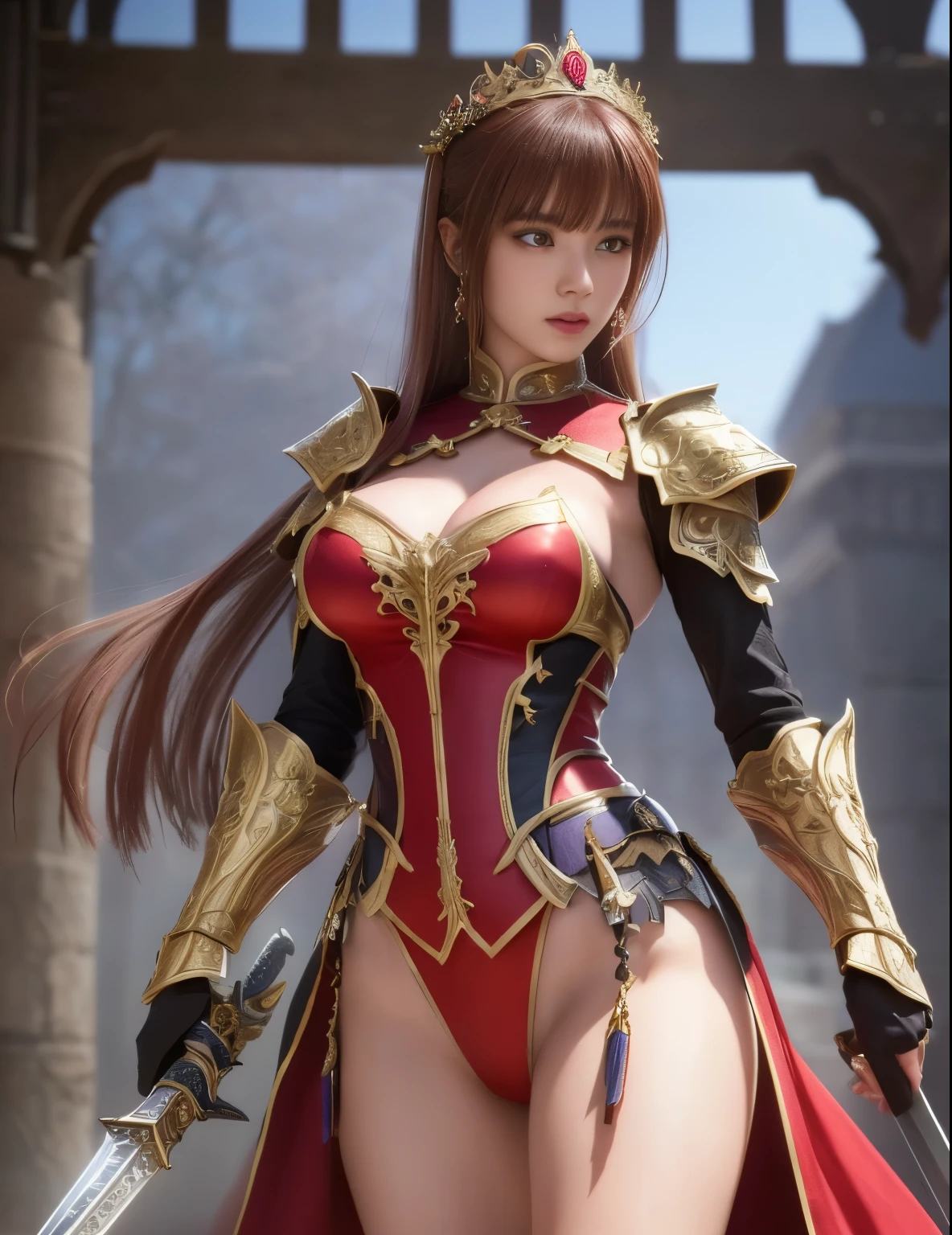 (dark shot:1.1)The whole body of a mature holy knight,Big sexy holy knight chest armor(absurderes、hight resolution、The ultra-detailliert)、One woman's whole body、Red and white female Holy Knight armor,Mature holy knight with big breasts、Extravagant black and gold trousers、Red hair short bob、Skinny and big、blue eyess、long-sleeve、finely eye and detailed face、intricate detailes、BREAK mosaic art、small pieces、colorful tesserae、Complex pattern、Tiled design、durable surfaces、Old fashioned technique BREAK macro photography、extreme close - up、intricate detailes、Enlarged texture、stunning clarity、Hidden beauty、Interruption of immersive perspective、artisanal creations、Handmade Products、unique designs、intricate detailes、Creative expression、skilled craftsmanship、魅惑的、enticing、English Garden、A smile、