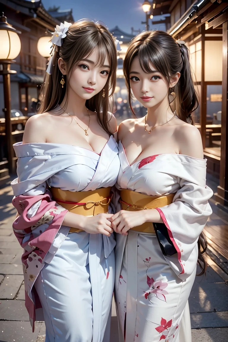 s girl、(((komono)))、Kimono、Furisode、Breakdown、(((Futomo)))、dishevled hair、Skin Texture、D-Cup bust、cleavage of the breast、inside in room、hotel、Bedrooms、Bright lighting、Background blur