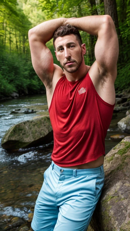 natural farther、Spain male、very handsome、abs、Pectoral muscle、 underwear、body hair、full-length picture,in the river,outside