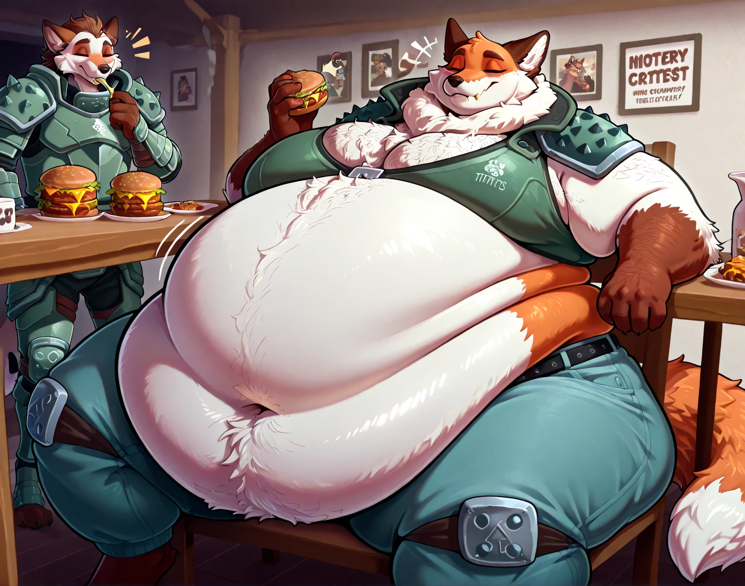 Anthro dragon with red fur and a beige underbelly, white mane, very big and thick white beard, old, chest hair, orange eyes, black horns and claws, large, not muscular, overweight, chubby, fat, big belly, belly, bloated belly, bulging belly, vore, digesting, green gurgle lines around belly. Lazy, dad, daddy, dilf, bara, adult, aroused. Sitting at a sauna, blushing. Wearing an open brown bathrobes, massive penis, huge testicles..