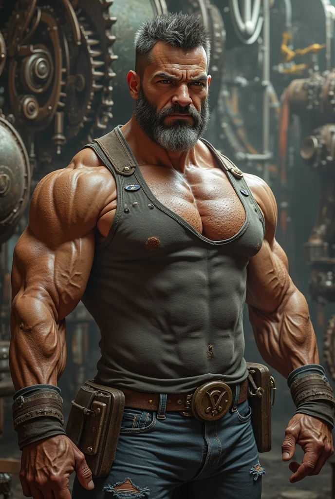 A mature muscular man,50yearsold,whaite hair,buzz cut, Well-developed muscles,vast pecs,Broad shoulders,Huge crotch bulge,Bare pectoral muscles,Open top,shorter pants,Steampunk-inspired armor,full bodyesbian,in a panoramic view,Sit Pose,High- sharpness,High Picture Quality,intricately details,tmasterpiece