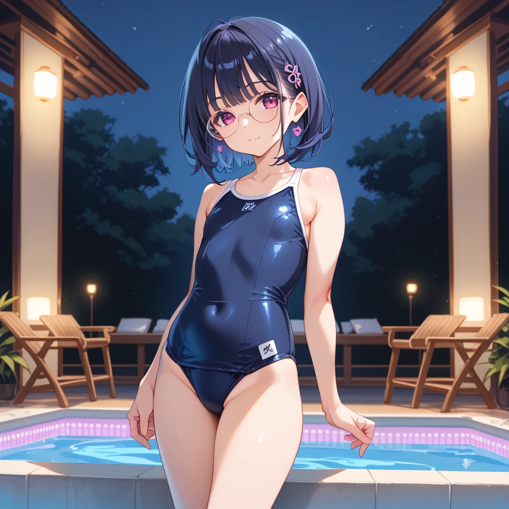 One girl、Beauty、Black Hair、Bob Hair、Soft hair quality、trimmed bangs、Pink eyes、Cute smile、A tight fitting T-shirt dress、Plain white T-shirt dress、Ample breasts、Beautiful thighs、Around 20 years old、The background is the pool、Beautiful starry sky