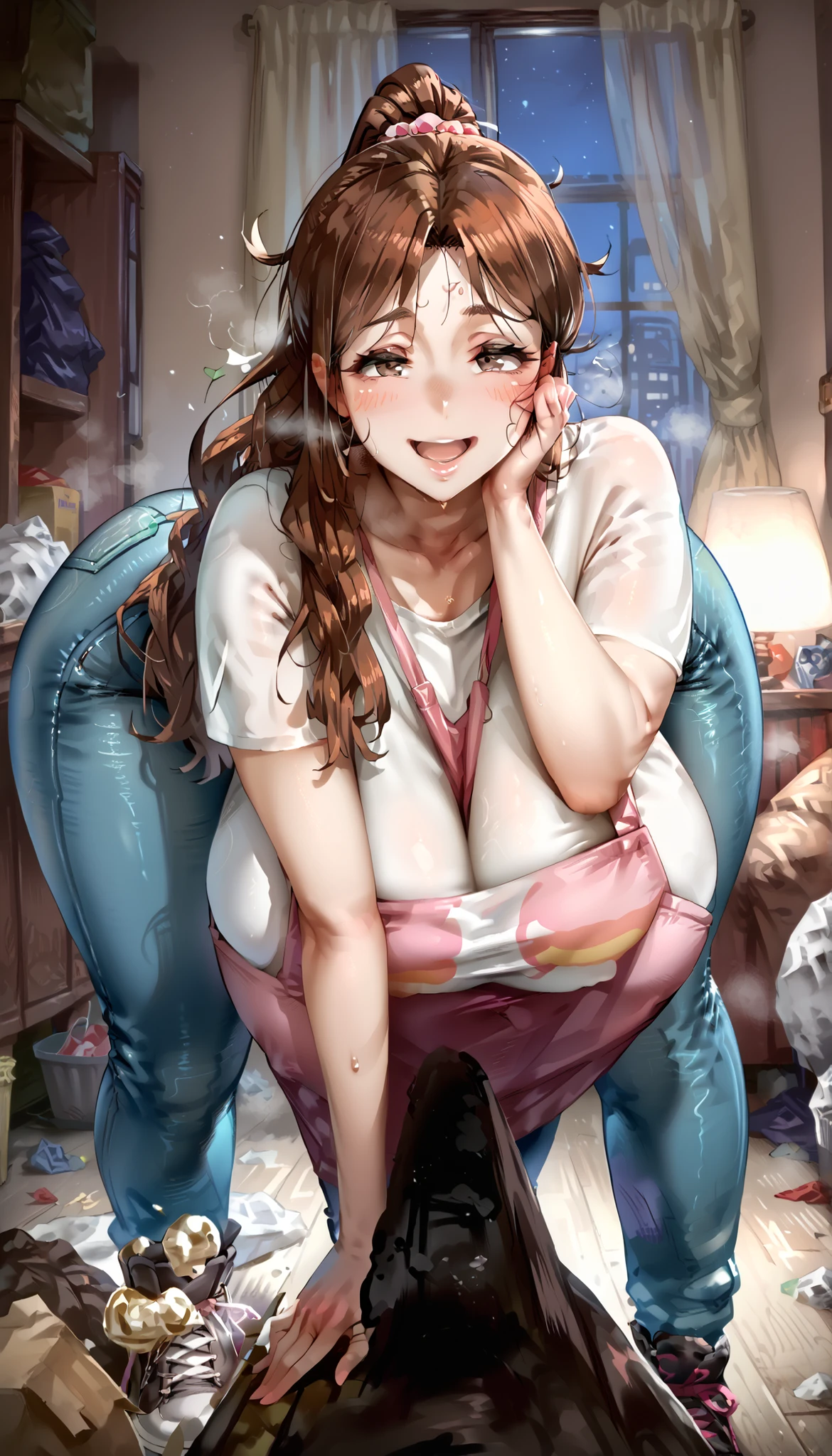 NSFW, (masterpiece, top quality, best quality, highly detailed:1.6), anatomically correct, (full body), wide shot, long shot, (standing:2.9),(barefoot, Woman standing on a puddle of urine:1.5), (leaning forward,close knees, hands between legs, pee running down legs:2), (Touching crotch with hand, holding crotch, Hold the urethra and hold in your pee:2.5), (rubbing knees together, pee running down clothes, pee running down legs:2.5), (((clutching crotch))), (Pee flows down thighs and calves like a waterfall:1.5) strong facial expression, (ecstasy:2), (slut:1.2), (vulgarity:1.3), (fucked silly:1.1), (sharp eye:1.2), (scowl:1.1), (embarrassed,blush:1.8), (steam:3), (Wet:1.1), (sweat:1.1), (trembling:1.3), (open mouth, wavy mouth:1.4), (clenched teeth:1.7), (drooling:2), (half open eyes:2.5), (tears:2.5), (one eye closed, wink:2.5), (bravery crying, sobbing:1.5), (shoot from front:1.2), (Pencil Skirt:2), (woman, indoor, living room:1.7), (light blue denim skirt, too micro mini pencil skirt:2), (ribbed sweater:1.9), (glasses:0.9), (long hair, low ponytail,dark brown hair:1.5), (woman trembling with sexual climax:1.5), (Be incontinent:1.5), colorful, perfect composition, urination, incontinence, piss, peeing self, (((pee stream))), (pee puddle), wetting herself, pee stain, large breasts, Yellow pee, ((leaking pee)), puddle of pee, Pee at your feet, Pee spread on the floor, Pee stains, Dripping pee between my legs, Feet wet from pee, Pee-covered feet, Pee at your feet, want to pee, about to pee, Full bladder, Pee-soaked skirt, natural makeup,