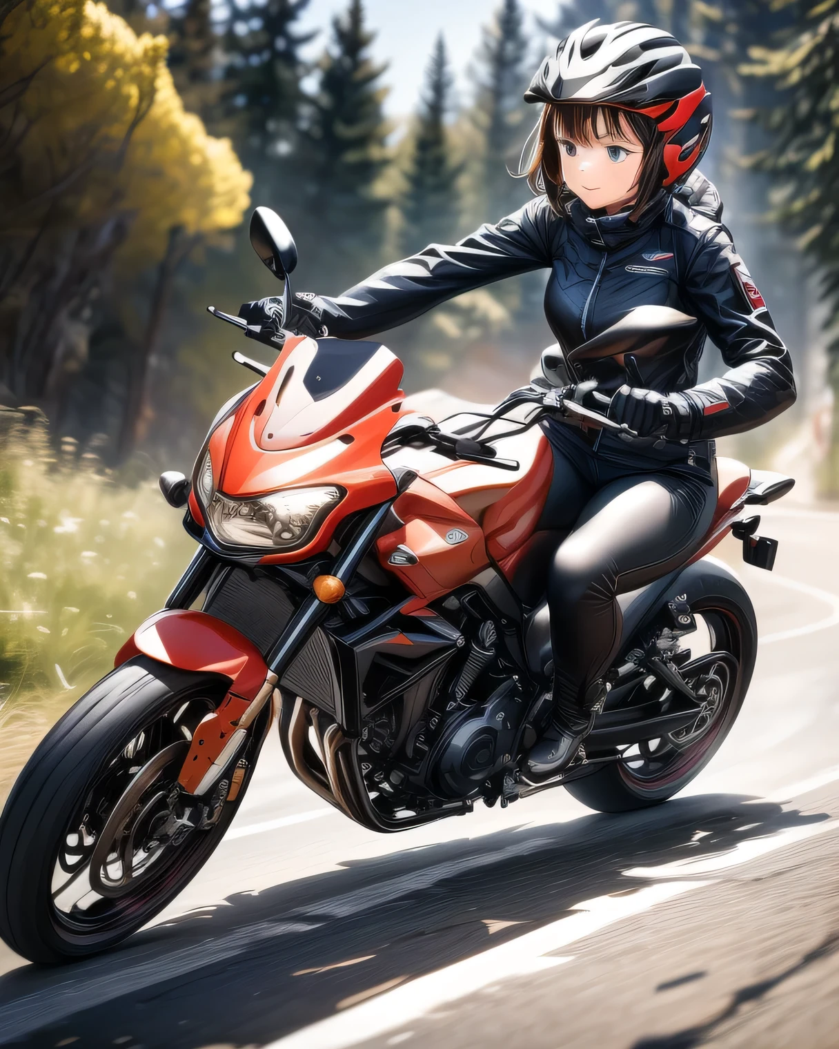 ((( Masterpiece:1.3, Best Quality, hight resolution, nffsw, Perfect Pixel, 4K, nffsw, nffsw))), 1girl in, Off-road motorcycle driving on spring country roads、18-year-old girl、jet helmet、((December scenery, white Christmas, softly falling snow, she drives carefully along the national highway)), She has both hands on the handlebars, she's low to the ground, she's cornering great.