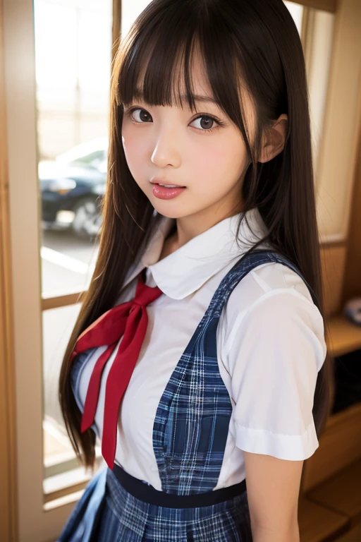 (8K, Highest quality, Pieces fly:1.2)、Ultra-high resolution、anime,1 very pretty girl,Asuka Langley,Highly detailed face, Fine grain,blue eyes,,White sailor collar plain short sleeve shirt,Light blue skirt,Light Blue Suspenders,uniform_Red ribbon,Orange Hair,Long Hair、Detailed hand and fingers,put your hands in your hair,Grin、sitting on desk,Shooting from above,classroom