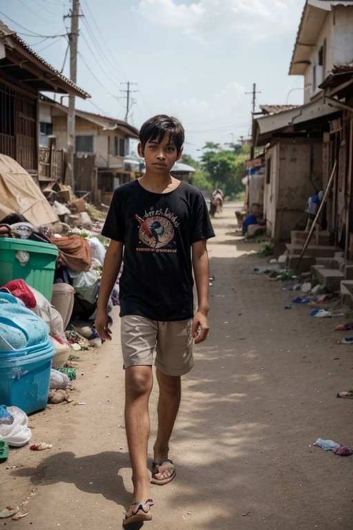 "Create an ultra-realistic, hyperrealist 4K painting prompt featuring a young Pinoy Filipino boy, aged 5 to 9, playing on a dusty street. The boy should be depicted with teared clothes in a dirty, dusty environment. The surroundings should be incredibly detailed, capturing the photorealistic texture of the scene."