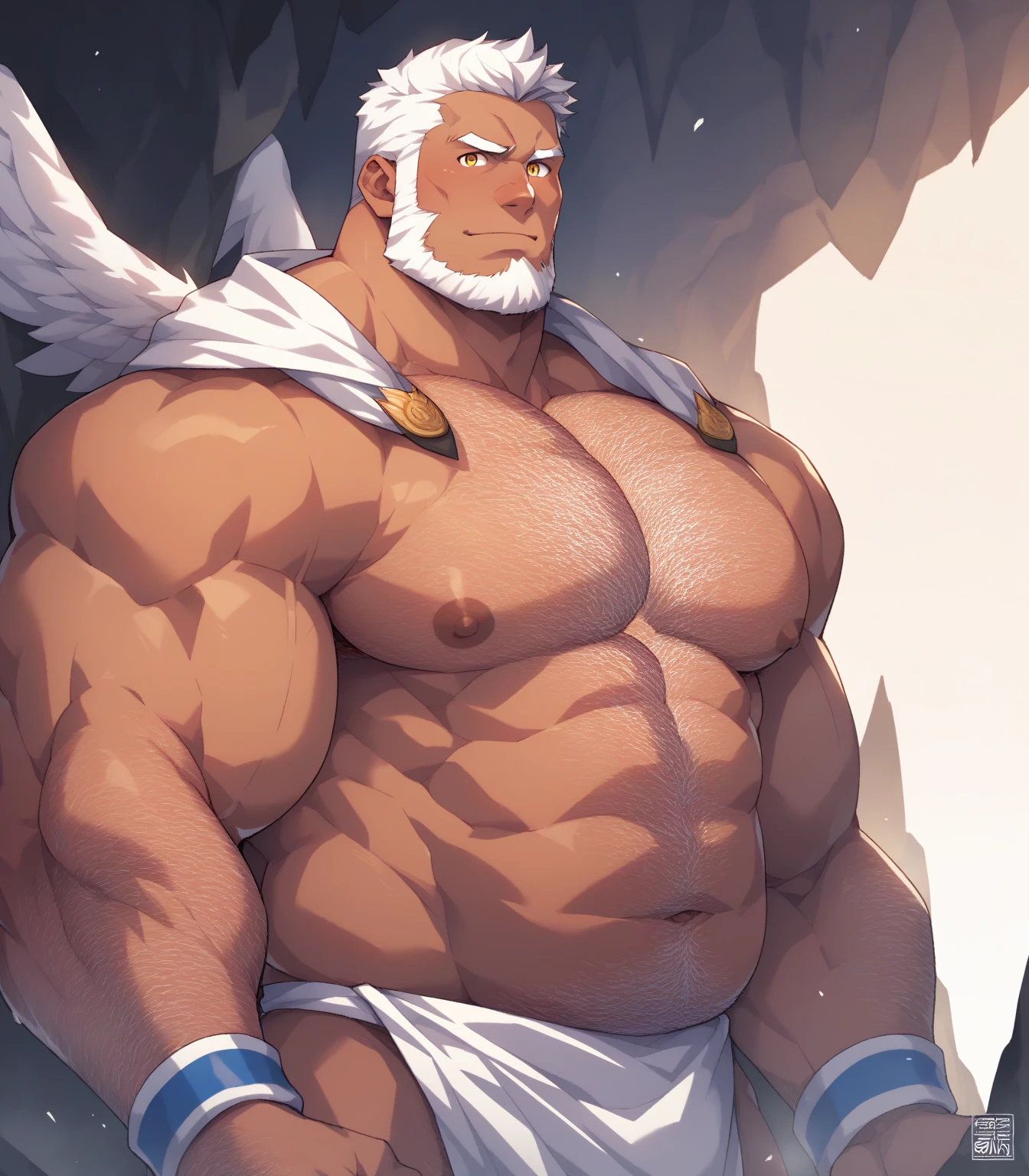 "Solo, a massive and muscular elderly polar bear with huge white fur strutting confidently through the bustling city streets, exhibiting his Herculean physique, shirtless and awe-inspiring."