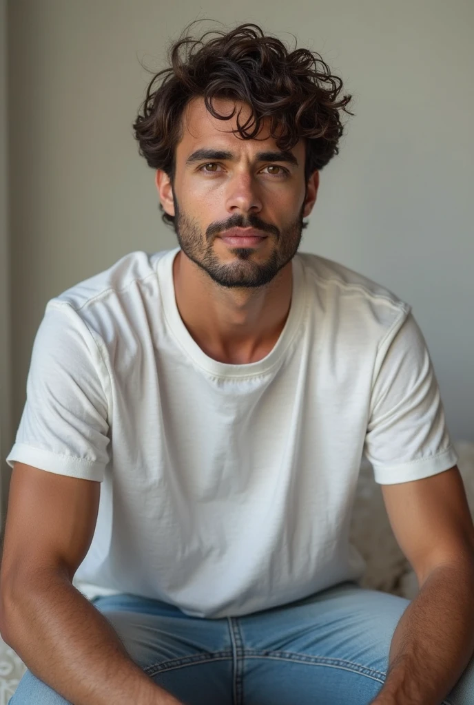 portrait of a very handsome young man with short hair with a blowout type, black curly hair, typical Italian, he has no expression on his face, he does not smile, he has a small goatee and a small mustache the portrait was taken in a photo studio, the background is entirely white