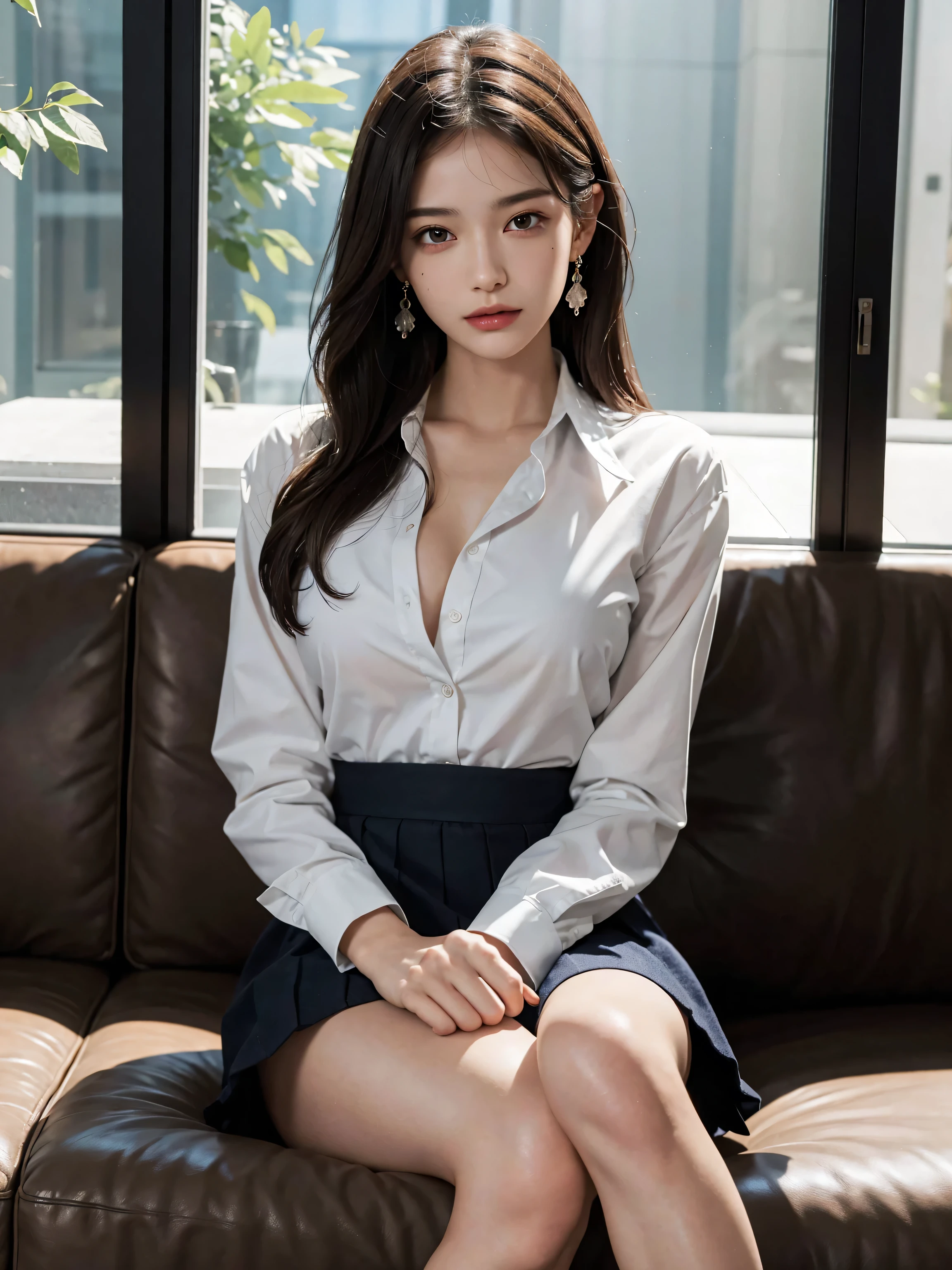 1girl,(European model:1.3),31 years old,delicated,business woman's set,(jacket:1.1),(the shirt:1.1),(wrap skirt:1.1),accessories,jewelry,briefcase,hosiery,stockings,goosebumps,filigree,(fidelity:1.3),(masterpiece:1.2),(fidelity:1.2),(best quality),(skin detailed:1.3),(complicated details),dramatic,ray tracing,photorealistic,wind surfboard,bathed in shadows,visual novel,the boss's office for a skyscraper,window with city view,film grain,depth of field 100mm,flickr