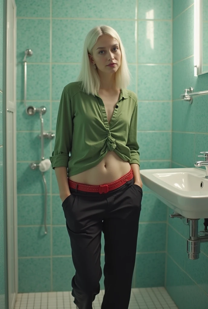 A highly detailed and realistic image with natural lighting and a grey color scheme, featuring an amateur portrait with a focus on face and a tight composition of a 19-year-old girl,pale skin, beautiful face with youthful and elegant appearance, long blonde hair, relaxed expression, medium breast.
she is in a faux suede mini skirt and white shirt, soak wet in a shower room with a playful attitude.
harmonious interplay of light and shadow, dark atmospheric room,