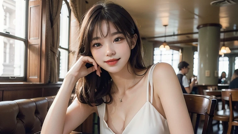 Realistic photo of (1cute Korean actress), tank top, in ramen shop, smiling, Canon EOS, clear facial features, close up portrait, cinematic mode, 8K