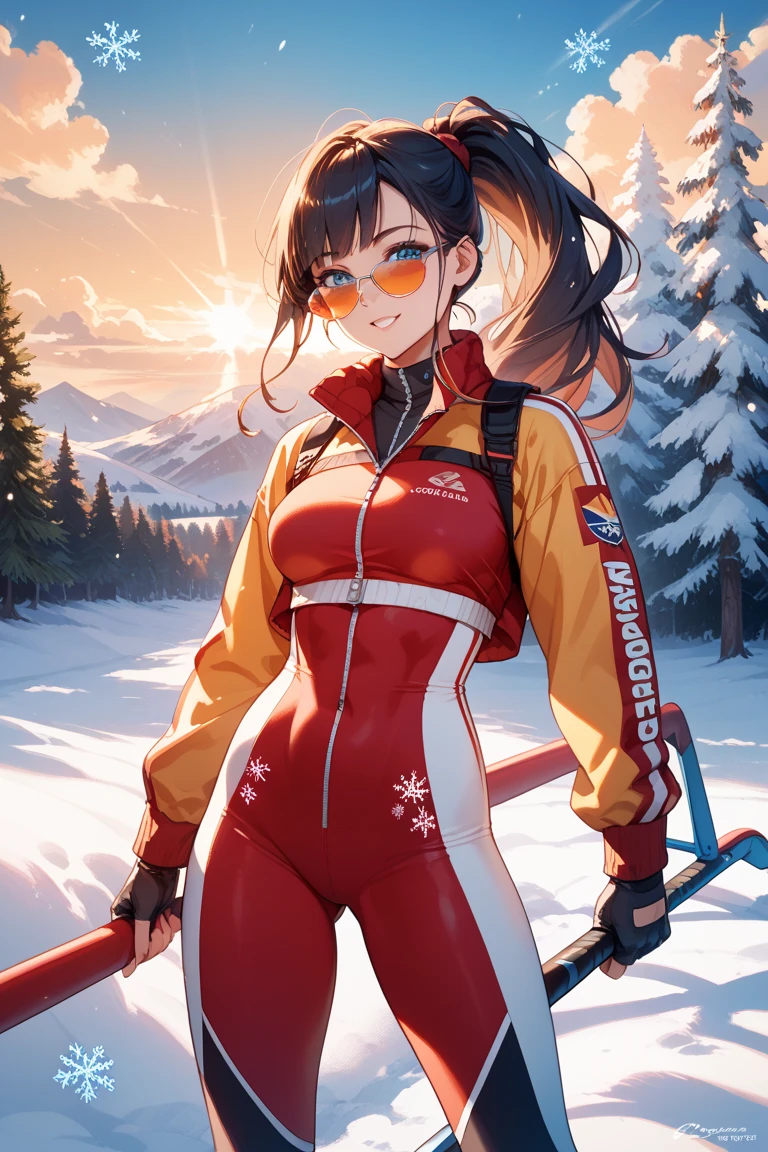 Older sister skiing in a risque swimsuit