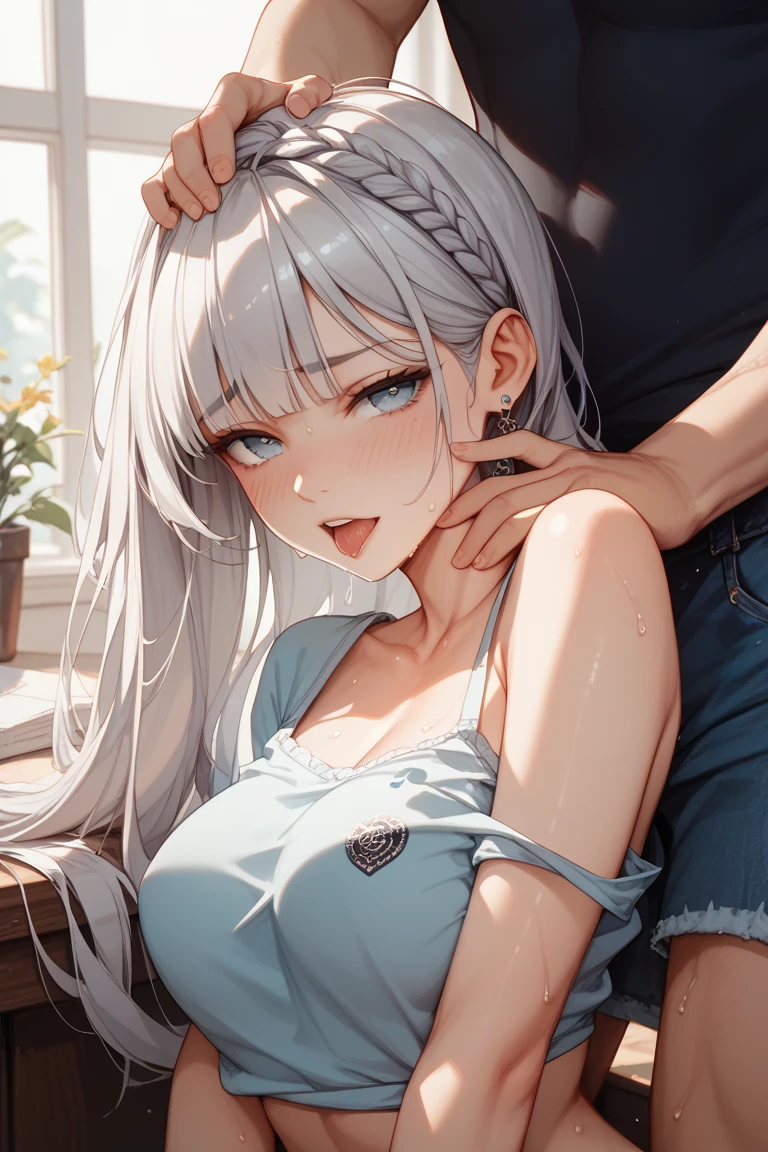 1 boy, fellatio, penis、(highest quality)), ((masterpiece)), (Familiar), Perfect Face、throw,1 boy, penis, Chest Blowjob, Paizuri, penis is between breasts, penis in breasts, Breast compression, Blowjob,Shiny skin,Beautiful breasts,how,Gray Hair,blue eyes,Shiny skin、Kyoto Animation style painting、bed、Braided Straight、Covered in semen,side pony、Kneel、glans licking、Oral Service、Top view、Handjob and licking、Close angle,cum,Harlem Service