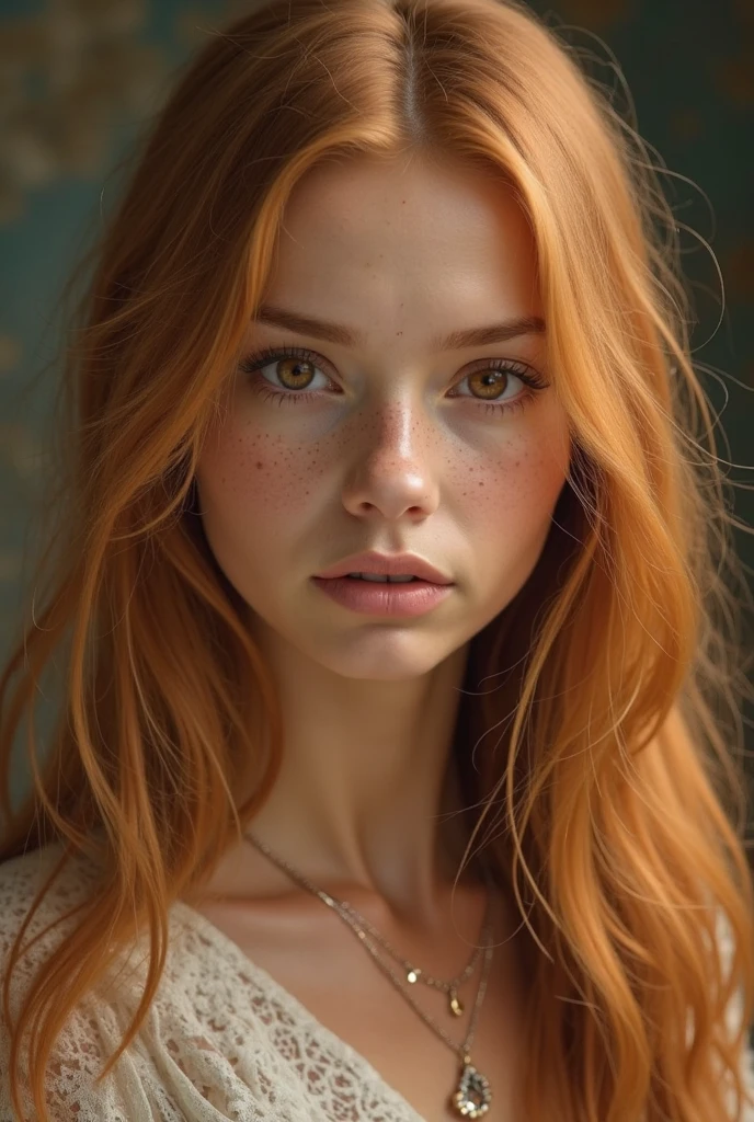 a 20 year old girl with brown eyes, orange hair and freckles on her skin, professional color grading, soft shadows, no contrast, clean sharp focus, film photography –q 2 –s 750 –v 5