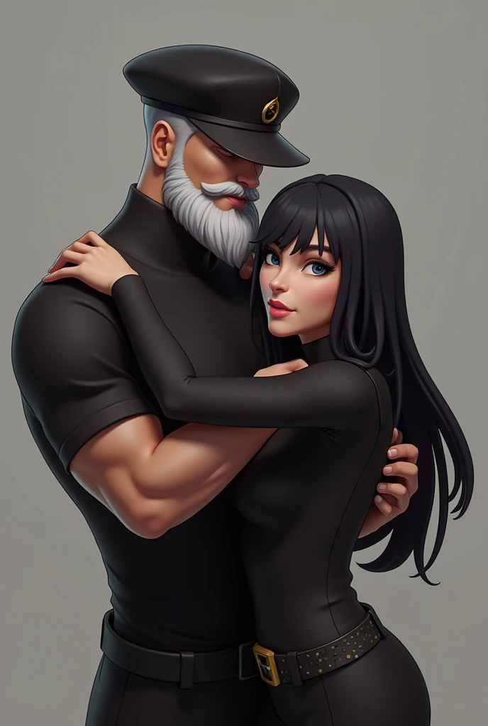 Old man hugging her from behind, old man groping her, grabbing her breasts, grabbing her ass, mini skirt, white, 40k, photography, masterpiece, best quality, dark gray background, back, sfw, (1 girl blue eyes and black hair curly quickly), big ass until waiting to be worn, (mini skirt sexy_outfit: 1.3), (white clothes: 1.3)