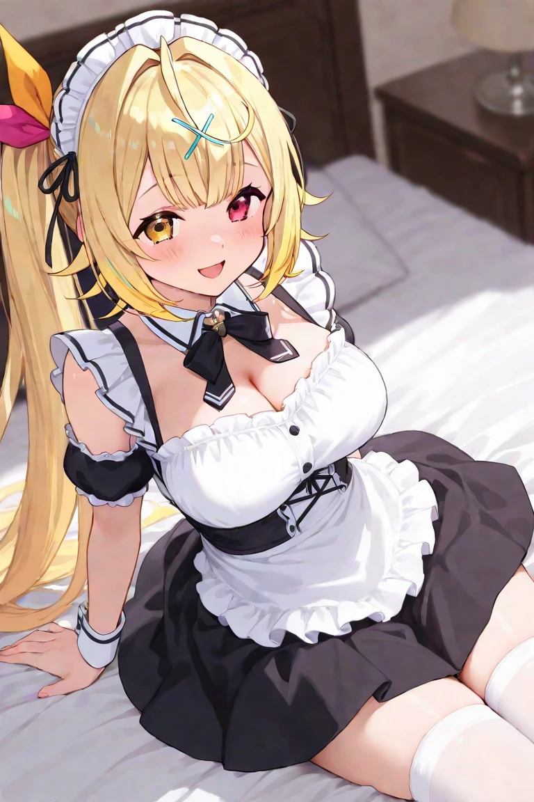 Beautiful long blonde　Embarrassing　Girl in black maid outfit　Long sleeve　1boy, 1girl, penis　Cowgirl handholding　Spread your legs　On the bed　Tears are overflowing from my eyes