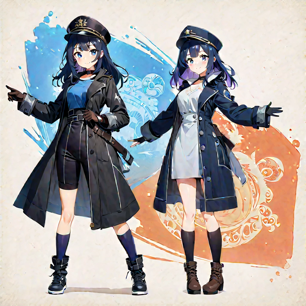masterpiece, Highest quality, High resolution, One girl, (Blue jacketの下にBlack innerwearを着ている), Folded ponytail, Brown eyes, , uniform, Blue jacket, Blue pants, ,Big Breasts, Black innerwear, (Bend down and shoot your gun:1.3), blush, (Ready your gun?)