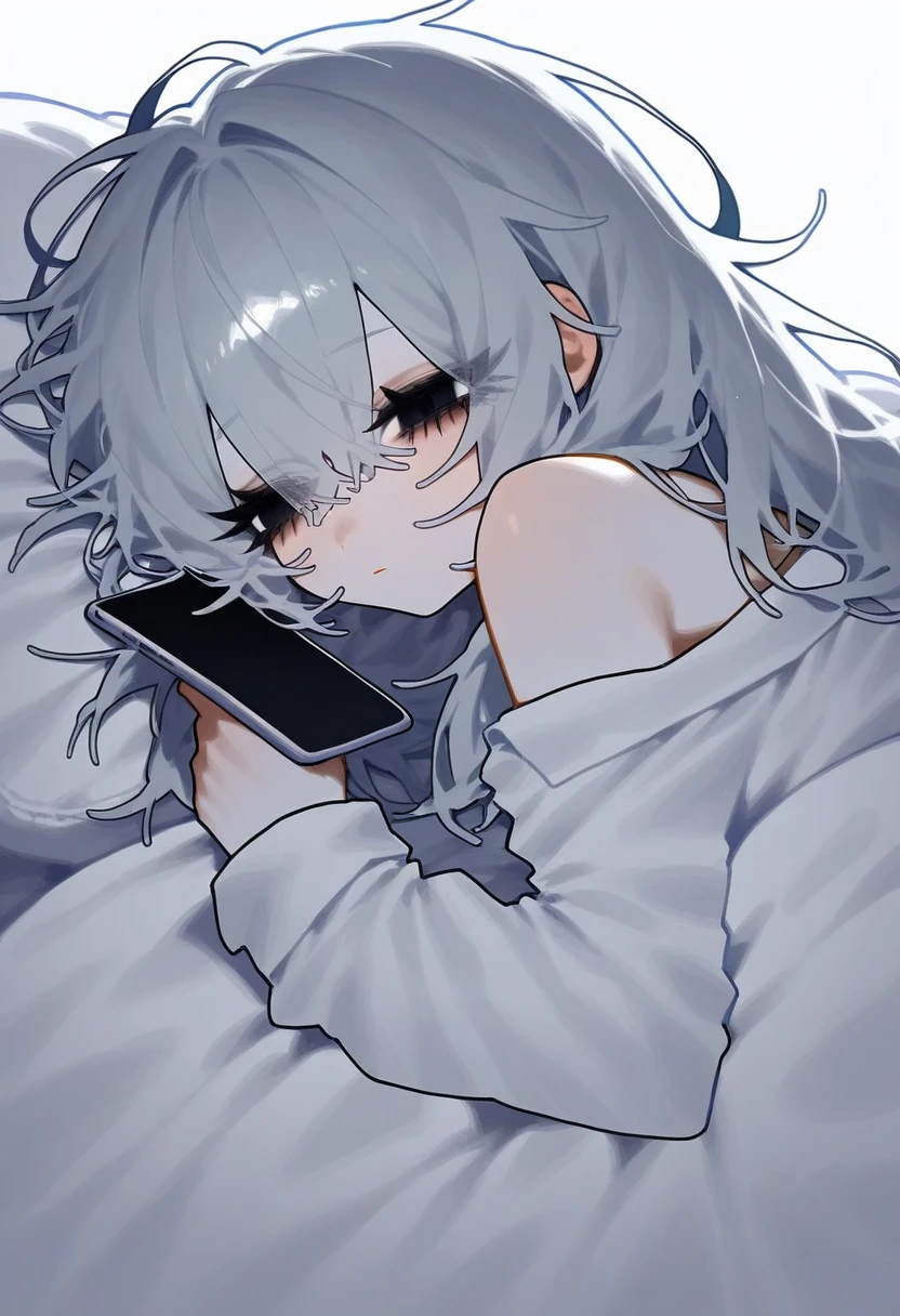 cell phone電話を手に持ち、Anime woman lying in bed looking at a screen, late night, nighttime, Beautifully illuminated, Illuminated from the side, night, cell phone電話をチェックする, Digital Enhancement, Portrait Shot, night - time, night time, Anime woman lying in bed looking at her smartphone, night-time, cell phone, Low light, The lighting is dim