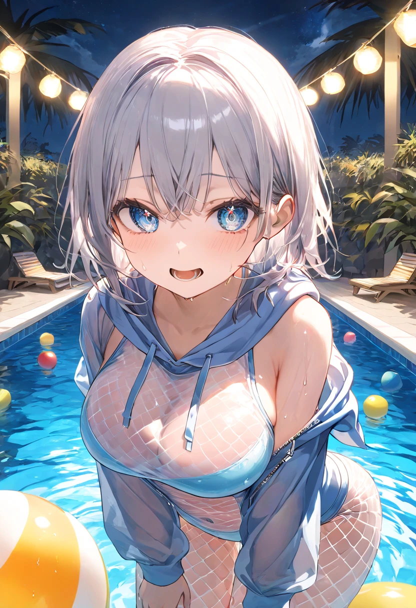 1 beauty, (Light Purple Eyeshadow),platinum-blonde-hair, thick body、thick neck、broad shoulders、Smaller face、tiny chest、Watery Big Eyes,Beautiful constriction,teeth protrude slightly,Shy smile,long eyelasher,Blushlush, in poolside, Wet whole body, ((Gold Bikini Swimsuit:1.2)),(Long hair wet and disheveled,:1.4),bustshot,Dynamic Angle Zoom, Perfect fingers, Large jets of water emanating from the front,(Heavy sweat on the face:1.2), Splattering splashes shine:2, fine splashes on the body,Put your hair over your ears, High-speed camera:1.2、facefocus、inconspicuous areola,,、Leaning forward heavily、Platinum Necklace and Earrings