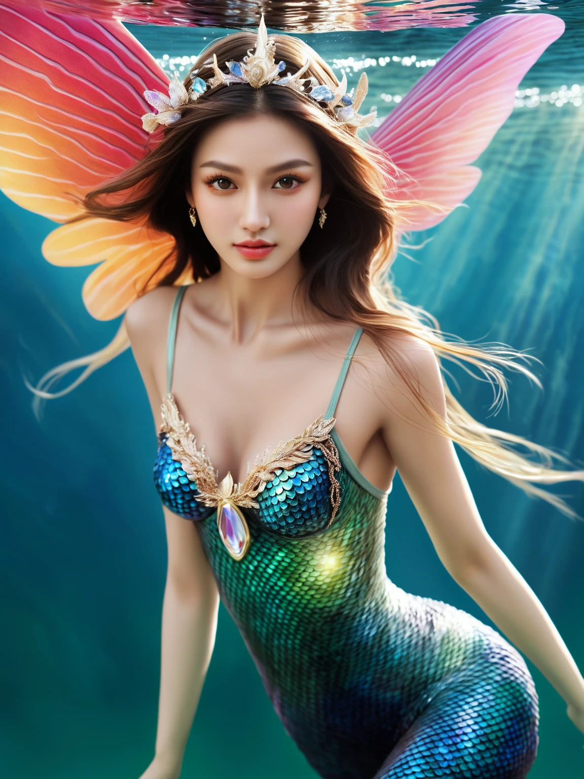 ((Quite a bit body)), a beautiful cute smile Japanese face woman, still from the film, (Anne Hathaway look alike face: 0.8), breathtaking a water Mermaid ohwx woman, digital painting masterpiece by frank frazetta and kim jung gi. 8k wallpaper 4K ultra detailed high resolution quality illustration artstation trending on deviantart insane detail hyperrealistic concept 3d shading photorealism cinematic lighting dark background cyberpunk atmosphere realistic volumetric shadows symmetrical full body profile portrait atmospheric hdr in the style of craig mullins rutkowski alphonse mucha james zenith thomas blackshear very beautiful flowers glow rich colors powerful imagery . award-winning, professional, highly detailed, Leica SL3, Summicron-SL 32mm, f/16 ASPH, Kodak Gold 200 film, bokeh, rim lighting, silhouette, shallowed depth of field, dynamic hands up,