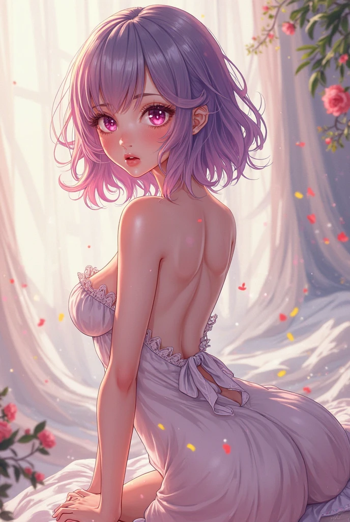 Big breasts, she's a Milf ((beautiful tanned busty, 28 years old)), ((natural punk style curly lilac hair, with cute accessory)), double eyelids, light greenish eyes, detailed eyes, hyper detailed, glitter effect on the eyes eyes, detailed irises, with incredible breasts and perfect waist, and an extremely sensual body, ((beautiful dress with straps around the neck, long blue and stylish dress, white details on the dress)), ((drooping breasts))), beautiful makeup , cleavage, ((prime work, hyper realistic, hyper detailed, best quality, 16k, light and shadow effect on the skin, vivid colors)), eyeliner, passionate expression, perfect red lips, innocent and sexy face, calm, ( (skin with light and shadow), beautifully seductive, shy, ((she is beautiful)), flirting with the viewer, (in variable pose from behind, outdoors), beautifully seductive, ((shallow depth field))