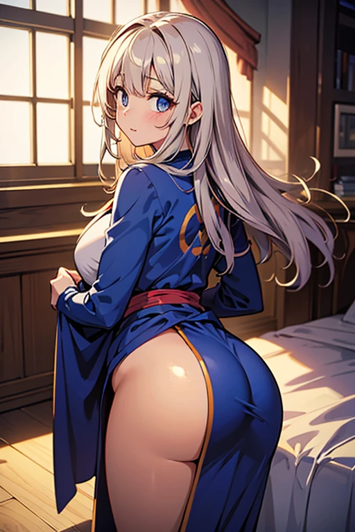 Ning Guang (Genshin), 1 girl, long hair, breasts, looking at viewer, blushing, bangs, large breasts, hair accessory, red eyes, dress, hugging, bare shoulders, closed mouth, white hair, heart, solo focus, looking back, facing away, sitting, sitting on glass chair, on glass panel, visible female genitalia, visible vagina, visible pussy, visible vagina, Chinese dress, tassels, cheongsam