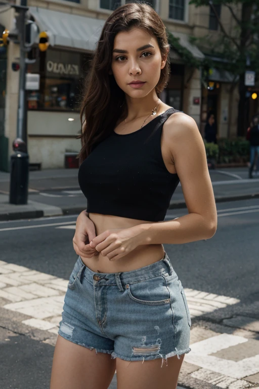 Light-skinned, robust girl, denim shorts, low-cut blouse, ponytail, black hair, heavily made up, outside a taxi stop.