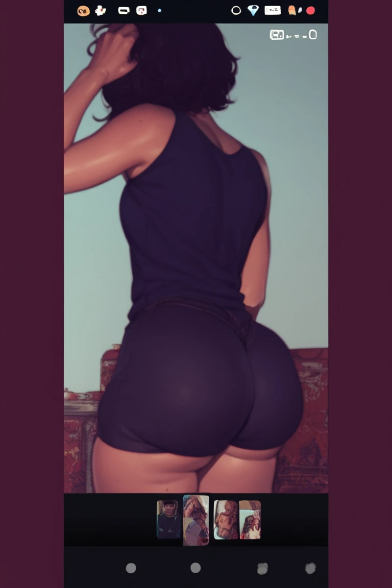 Mulher, short messy black hair detailed, tiro no meio,, Salto Alto Vermelho, away from the camera, photo taken from behind, bunda grande, big booty, muito sexy, sozinho, sexy, seios grandes, dentro, supermodelo bronzeado muito escuro, beautiful face, olhos azuis, corpo detalhado, olhos perfeitos, rosto perfeito, Daytime lighting, sombras detalhadas, HDR, Fotoreal, bem iluminado,
