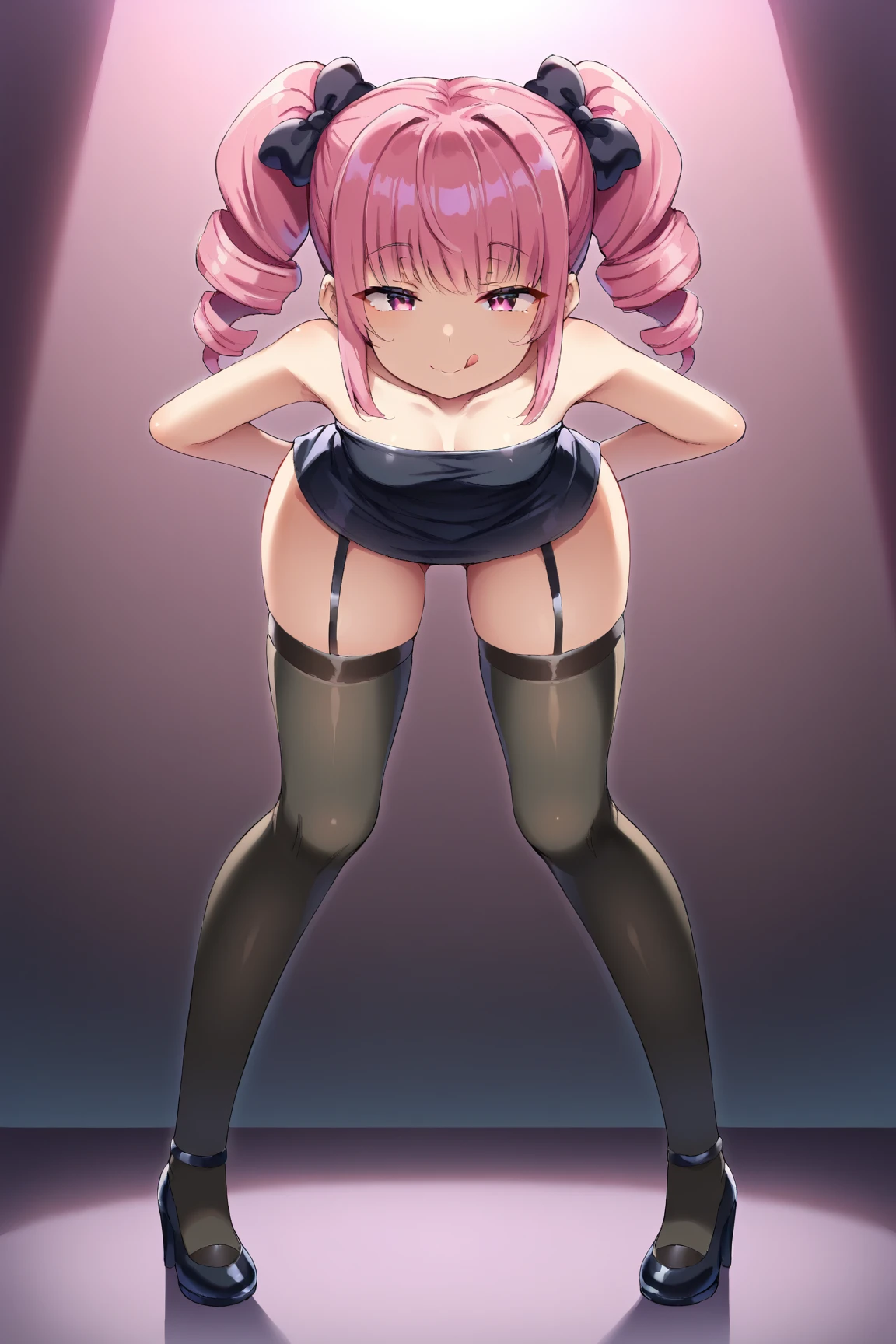 (extremely detailed CG unity 8k wallpaper), (((masterpiece))), (((best quality))), ((ultra-detailed)), (((illustration))), (best shadow), ((an extremely delicate and beautiful)), (detailed light), (well designed face), amazing face, (super detailed), cinematic shot, beautiful detailed eyes, detailed background, 1girl, ((pink hair)), multicolored hair, ((red eyes)), ((short twintails)), firts rate breasts, first rate female bodies, sweater, pink panties, ((midriff)), ((navel)), upper body, interior design, classroom, spread navel, bewitching thighs, smile, one eye closed, hand on own chest, garter belt, stocking, ((from below)),no shirt,