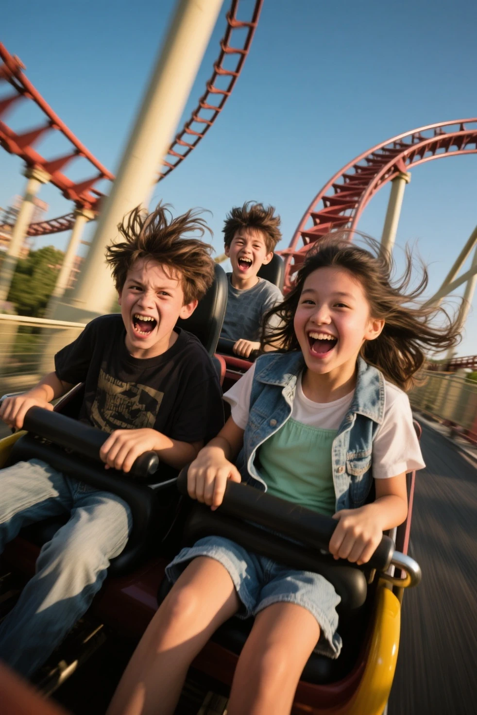 friends having fun in an amusement park, rollercoaster, funny scene, アニメ, boys and girls 