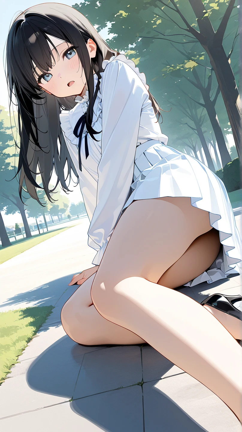 A beautiful girl sitting on the ground with her legs crossed, under a tree, sitting on the grass, a pair of white and black tennis shoes, yellow t-shirt, short sleeves, royal blue skirt, mini skirt, white panties, (show panties:1.4), (Panty shot:1.3), (pull up the skirt:1.3), (sitting on ground:1.4), put the heel on the ground, spread your legs a little, squat with your knees up, attach your ass to the ground, big rounds breasts, dark brown hair, swept bangs, long hair, wavy hair, expressive hair, shiny hair, hairclip, aqua eyes, (gradient eyes:1.3), glowing eyes, pupils sparkling, blush, bright pupils, grin, (grin:1.3), glossy lips, forehead, cute face, angle from below, upskirt, slim waist, shapely legs, beautiful thighs, whole body, Smile, natural smile, enchanting smile, (looking at the viewer:1.2), From before, from below, anime CG style, high definition, natural light, high detail, anime, dithering, image fill, perspective, Wide-Angle, f/1.8, 85mm, Sony FE GM, 8k, 8k wallpaper, super detail, highly detailed CG, UHD, retina, masterpiece, accurate, anatomically correct, textured skin, highres, best quality:1.3, 16k