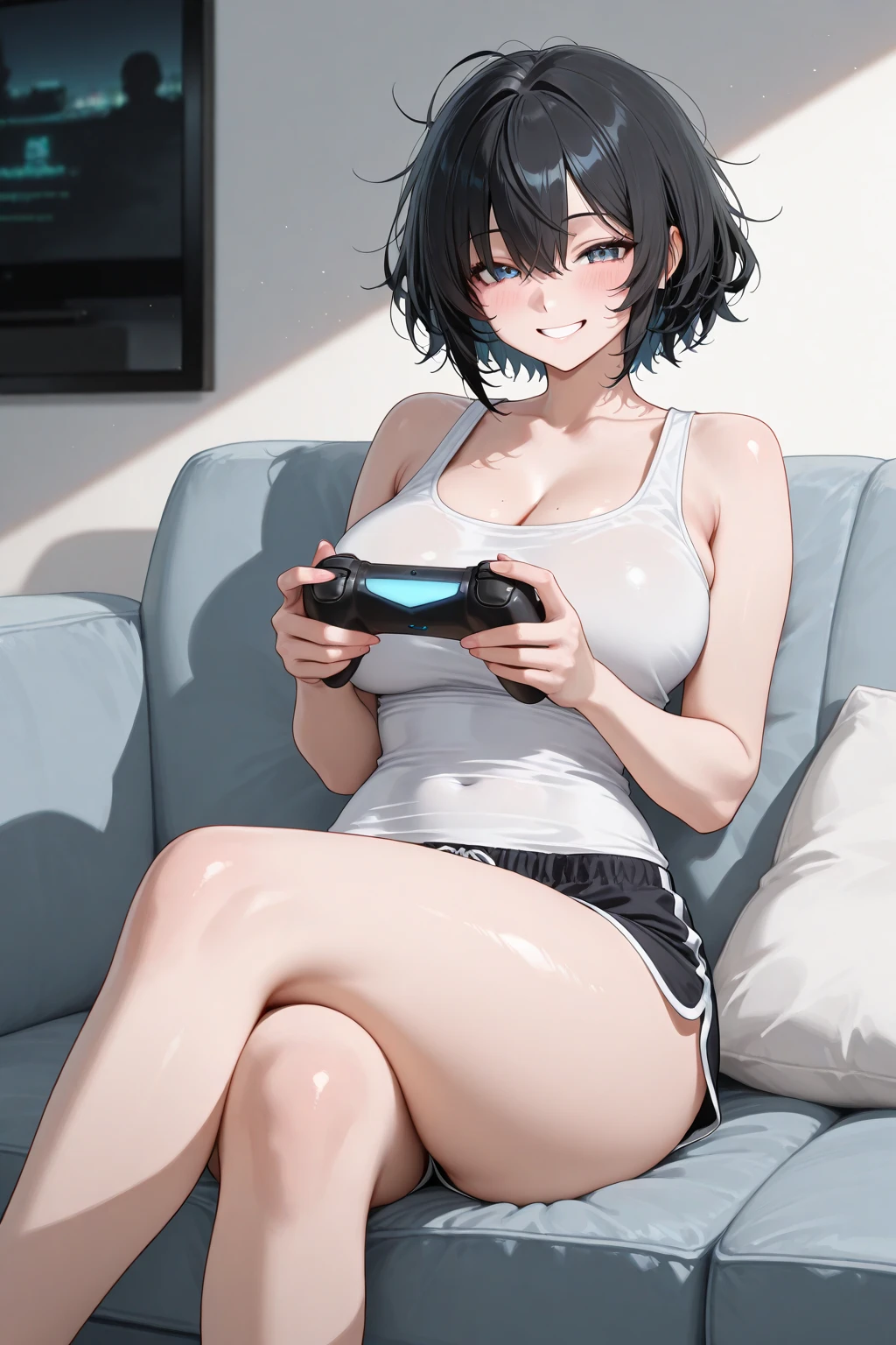 anime, waifu, Tsundere, milf, tomboy, gal, brown skin, mature woman, athletic physique, lingerie, big tits, marked abdomen, strong thighs, short hair, Brown eyes,  playing videogames, in a sofa, with averted legs, sitting