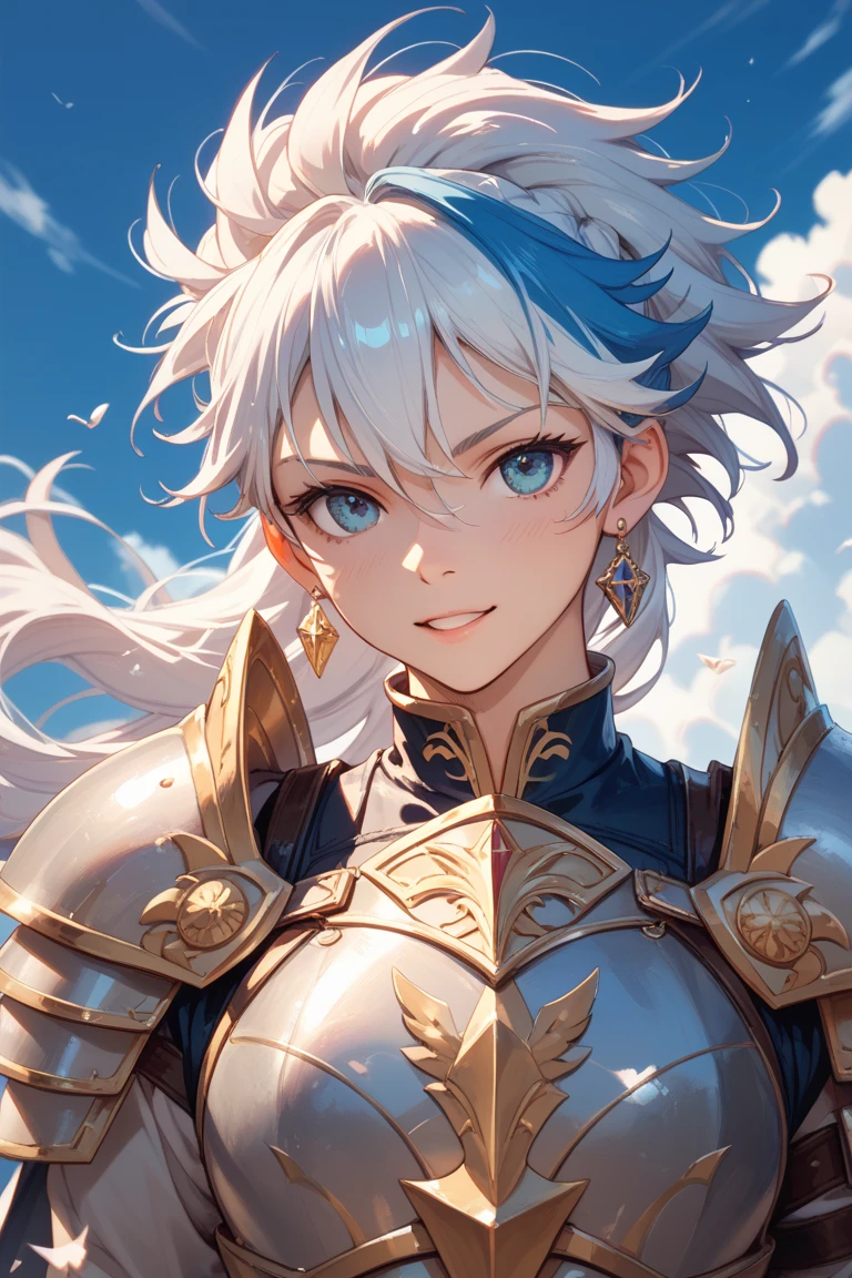 ((best quality)), ((masterpiece)), (detailed), perfect face, guardian angel girl, white long tai hair, golden eyes , big sword, armor angel
