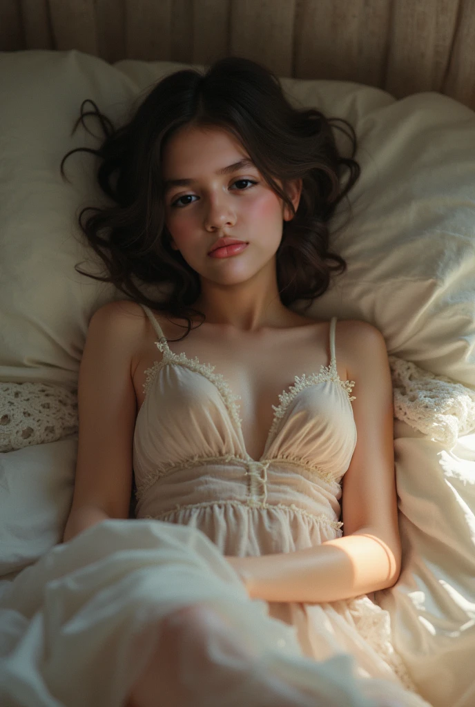 1girls, Nur, green Hair , 24 years old , Let her wear a stylish, eye-catching, beautiful, expensive nightgown, and pose in bed after just waking up.(Best Quality, 8K, Masterpiece:1.3)), Focus: 1.2, Perfect Body Beauty: 1.4, Hips: 1.2, ((Layered Haircut, , High Detail Facial and Skin Texture, Thin Eyes, Double Eyelids, Whitening Skin, , (Shut up: 1.3), Smile, wear sexy nightgown