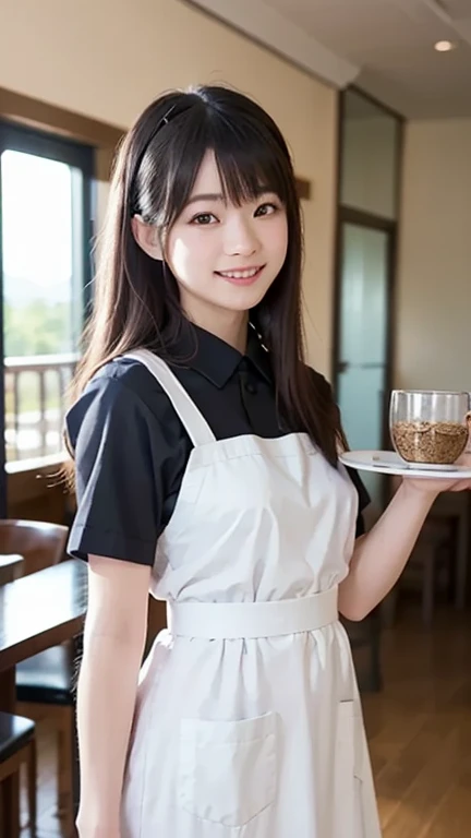 Cute 21 year old Japanese、apron、Black bow tie、Waiter、Cafe、Highly detailed face、Attention to detail、double eyelid、Beautiful thin nose、Sharp focus:1.2、beauty:1.4、(Light brown hair、short hair、)、Pure white skin、highest quality、masterpiece、Ultra-high resolution、(Realistic:1.4)、Highly detailed and professional lighting、nice smile、Carrying a teacup、Please show me your whole body、
