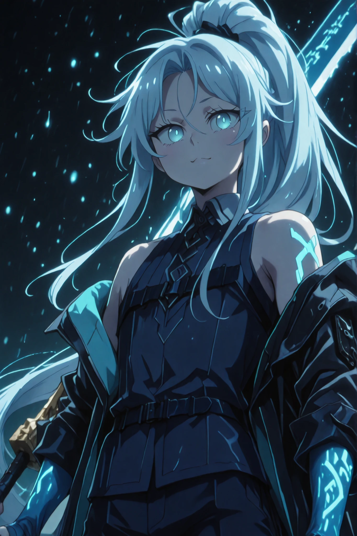 alone, 1 boy, young male character, character with height and body of Lloyd de Saloum from "Tensei Shitara Dai Nana Ōji", the character is a young boy;
white hair, the character's hairstyle should be like that of Sylpha Langlis from "Tensei Shitara Dai Nana Ōji", hair tied in a very long ponytail, the character's face should be the same as Sylpha Langlis from "Tensei Shitara Dai Nana Ōji" but with blue eyes, flashy blue eyes, provocative face, provocative smile, young, perfect and beautiful face, male character;
perfect anatomy, arms with colorful design like those of Dusk from "Arknights", arms with sky blue color, hands with sky blue color, hands with claws, shoulders with sky blue runes;
black coat like Dusk from "Arknights", the coat must be falling down the arms leaving the shoulders exposed with visible sky blue runes drawn on the shoulders, the inner clothing must be black with gold details and must be tight to the body with a cyberpunk design, blue arms exposed, shoulders exposed with blue runes drawn, short stature;
holding a gigantic greatsword whose blade is longer than the character's height, gigantic greatsword completely black, immense black blade with blue runes on the blade;
black background, attack position "holding a gigantic greatsword whose blade is longer than the character's height, gigantic greatsword completely black, immense black blade with blue runes on the blade", looking at the viewer, and hands with blue details, arms colored in the style of Dusk from "Arknights" but in sky blue, the inner clothing must be black with gold details and must be tight to the body with a cyberpunk design;
Flashy pose, shoulders and head exposed, close to the face, looking at the character, looking at the viewer, face to face, provocative smile, confidence, height and body similar to Lloyd de Saloum from "Tensei Shitara Dai Nana Ōji", male character, character is a young boy, greatsword completely black, the character is a boy;