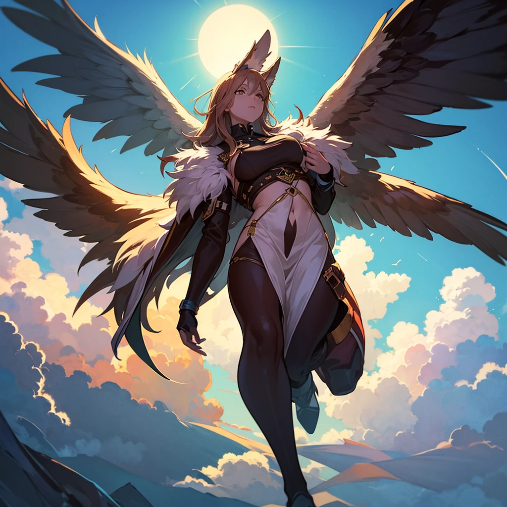 Xayah holding her dagger feathers, yellow feline eyes, small mouth, brown hair, a single wing down with large feathers, dark banded legs, harpy legs, full body, big ass, thick thighs, {CG unit wallpaper 16k extremely detailed}, expansive landscape photography, (a top view with focus on the character and scenery), (wide open field view), (top angle shot), (high light: 1.5), (low light : 1.4), (warm light source: 1.4), complex details, (iridescent colors: 1.5), (bright lighting), (atmospheric lighting), Dreamy, aesthetic