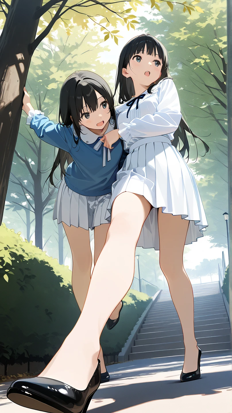 ((Highest quality, 8k, RAW Photos)), Sharp Focus 1.5,((Three schoolgirls were lined up))Twin tails,ponytail,Shortcuts,Rear View((Go down the stairs at the station))((Panties 3 people)),(((Low Angle Mini Skirt)))(((loose socks,loafers)))((From below))((Summer Shirts))Three girls with their skirts blown up by the wind