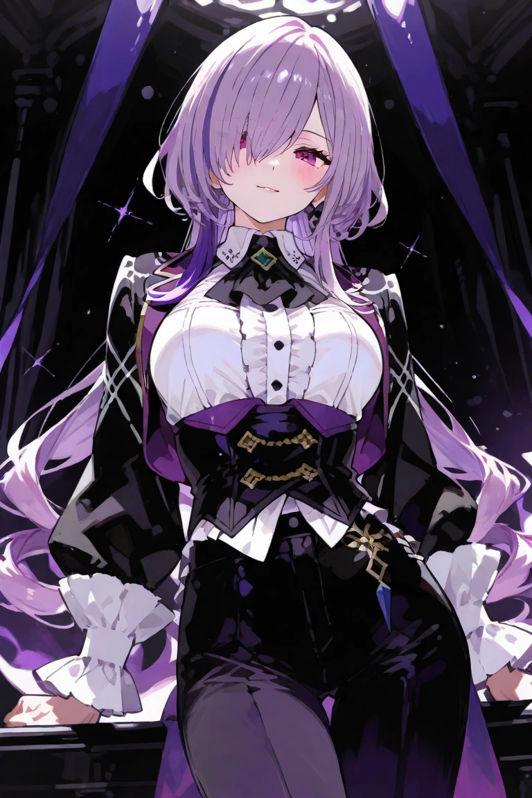 a woman, purple theme, monochrome, pointy ears, smile, closed mouth, solo, long hair, looking at viewer, lob hair, scars, large breasts, elegant hips, corset, (masterpiece, best quality, absurdres, detailed, ultra-detailed:1.3), sexy