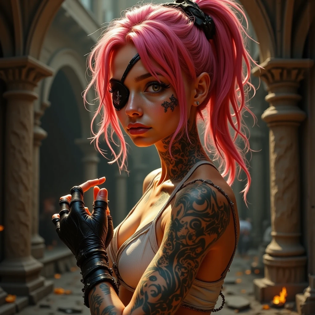 skini girl, grey t-shirt , (((((pale skin)))))), blue eyes, white girl, deep pink hair, ultra realistic, 16 years old,large breast, (((huge breast))), ponytail hair,dark tunnel full of skulls with little light background, candle lights, blood in face, scarry face, gore,((tattoo skull breast))