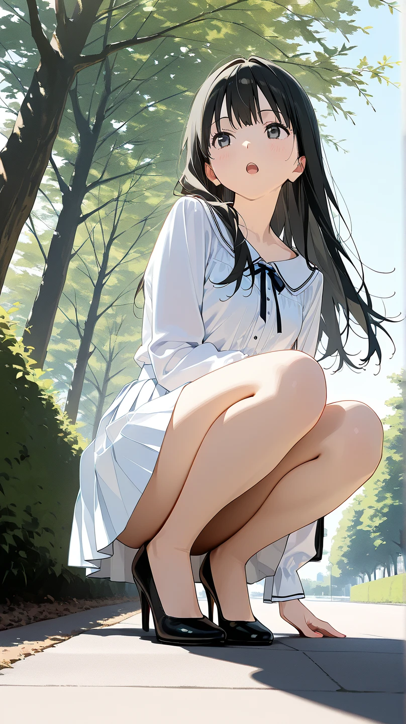 ((Jennie Blackpink)), tiny white t-shirt, tiny blue pleated skirt, vagina showing, black high heels, close-up from thighs to face, shot from below, very fair skin, very long hair, wavy hair, camping, Forest, photorealistic, Indirect lighting, volumetric light, ray tracing, hyper-detailed, best quality, very high resolution, HDR, 8k